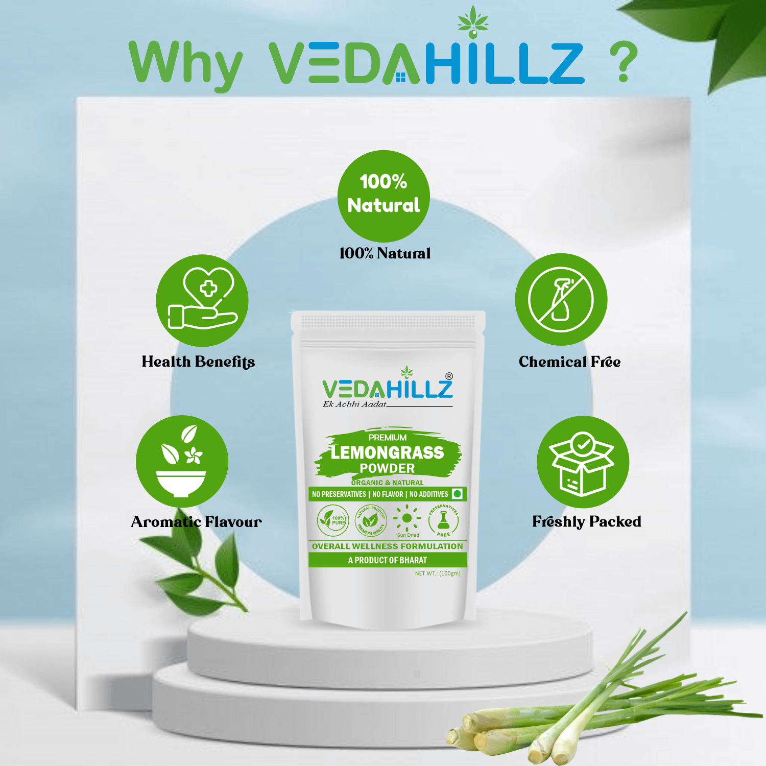 Vedahillz Lemongrass Powder for Tea and Wellness Made from Premium Lemongrass